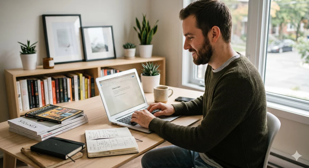 Man sitting at his laptop working.