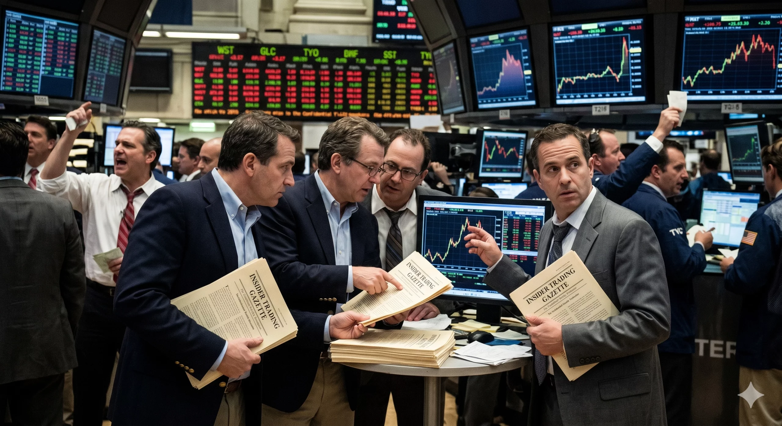 Traders on a stock exchange floor holding documents titled Insider Trading Gazette.