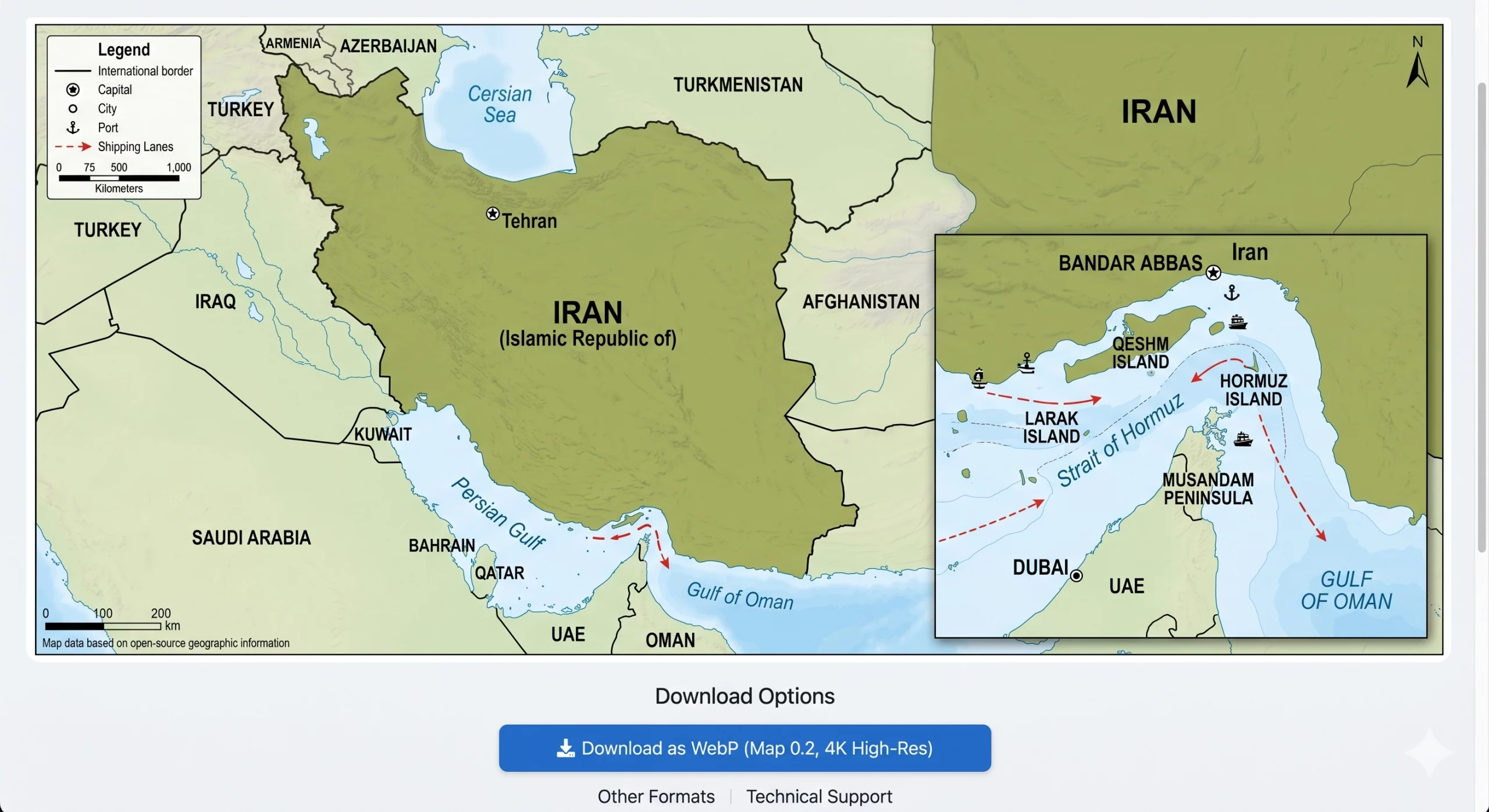 Map of Iran and Strait of Hormuz