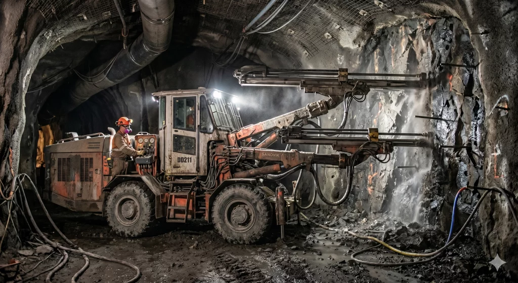 Jumbo drilling on rock face