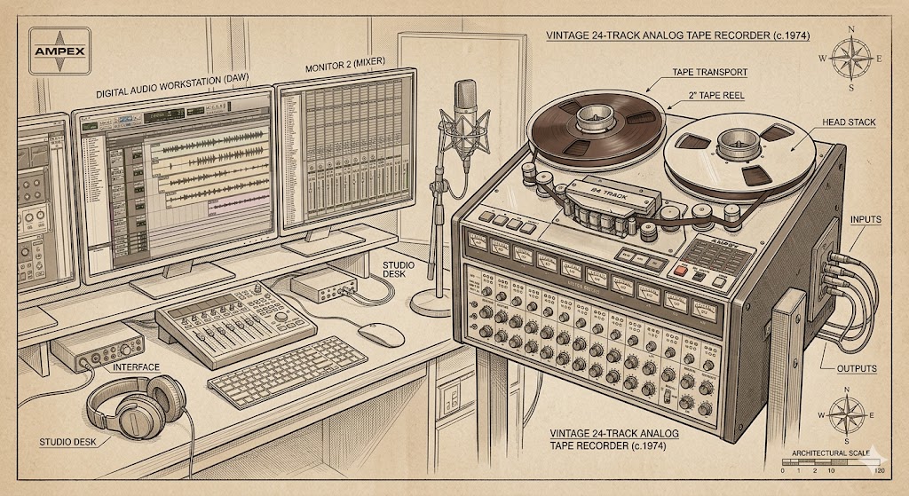 Vintage and modern audio recording techniques with a DAW and a vintage multi-track tape machine.