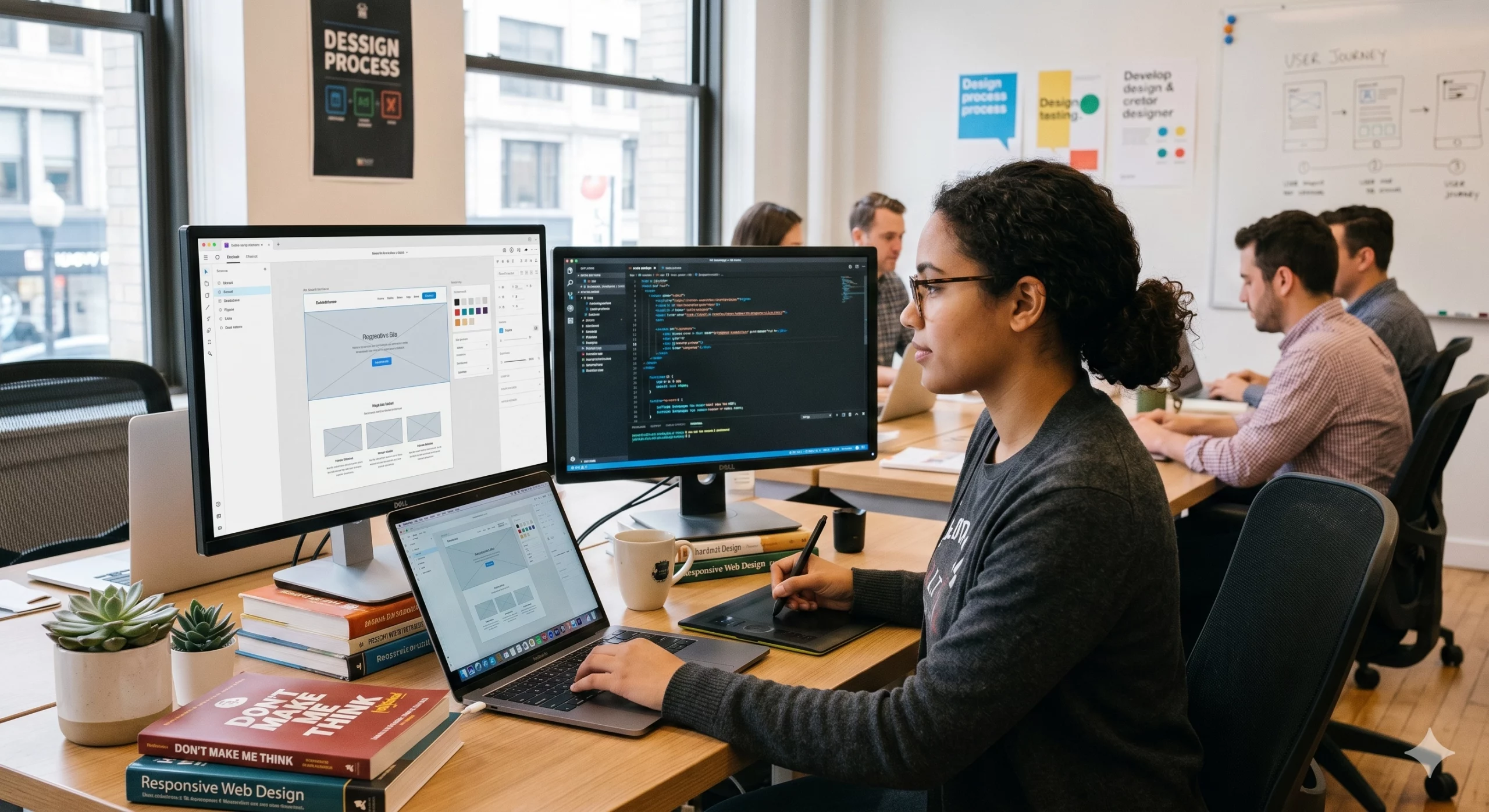 Web designer sitting in front of monitors working on a website