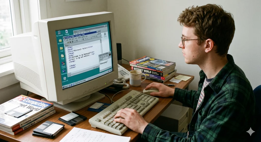 Windows 95 Web Developer Young man working on coding a website using HTML in Microsoft Frontpage on a Windows 95 desktop computer.
